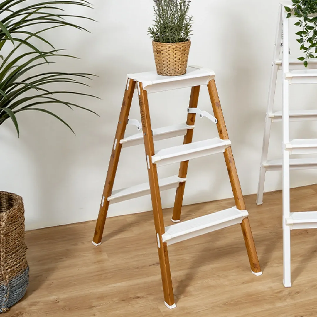 HOUZE - 'VIV' 3 Tier | 4 Tier Bi-Directional Foldable Aluminum Step Ladder 3 Color [Black | White | Woodgrain] - Compact