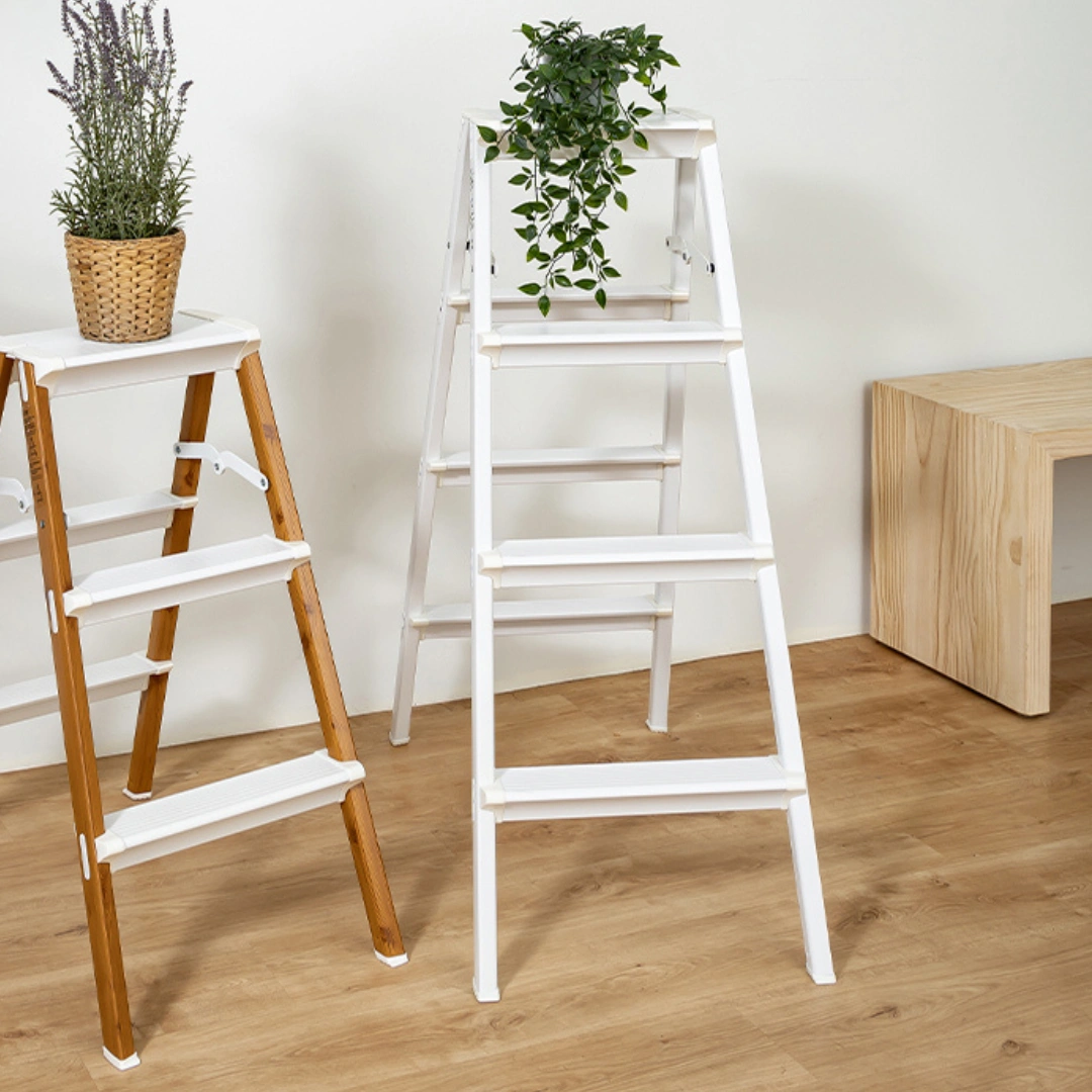 HOUZE - 'VIV' 3 Tier | 4 Tier Bi-Directional Foldable Aluminum Step Ladder 3 Color [Black | White | Woodgrain] - Compact