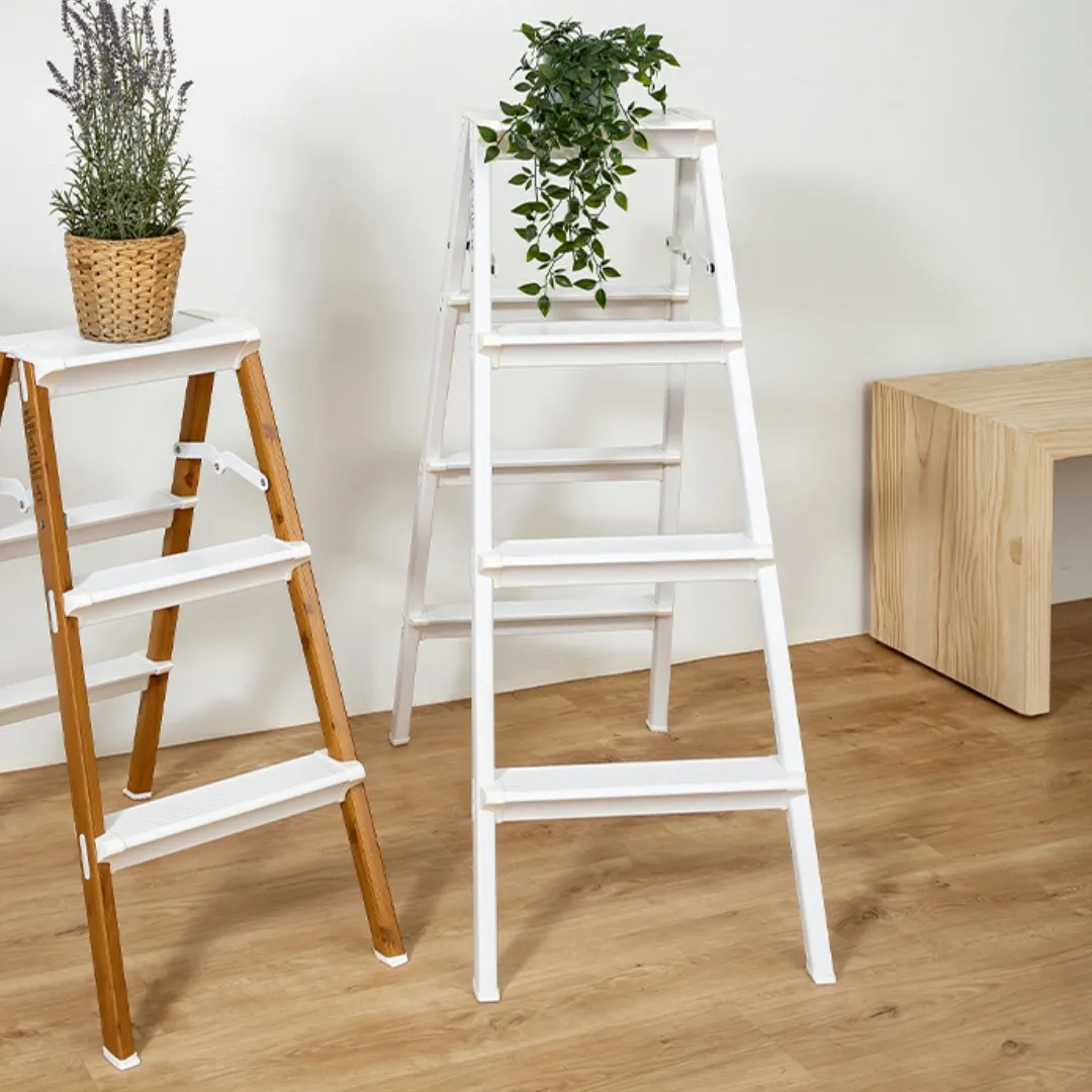 HOUZE - 'VIV' 3 Tier | 4 Tier Bi-Directional Foldable Aluminum Step Ladder 3 Color [Black | White | Woodgrain] - Compact