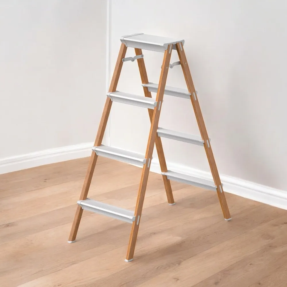 HOUZE - 'VIV' 3 Tier | 4 Tier Bi-Directional Foldable Aluminum Step Ladder 3 Color [Black | White | Woodgrain] - Compact