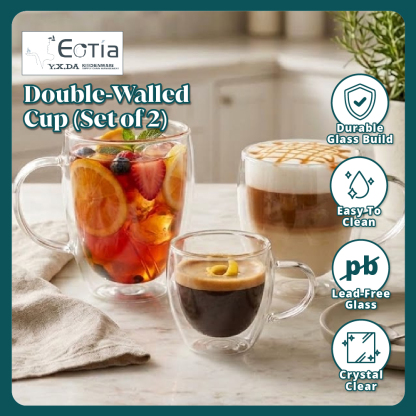 [Table Matters] Eotia Double-Wall Glass Cups with Handles Set of 2 | 80ml, 250ml, 350ml | Coffee & Tea Cups