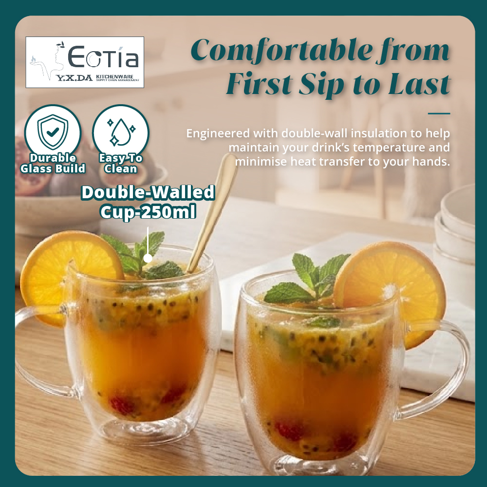 [Table Matters] Eotia Double-Wall Glass Cups with Handles Set of 2 | 80ml, 250ml, 350ml | Coffee & Tea Cups