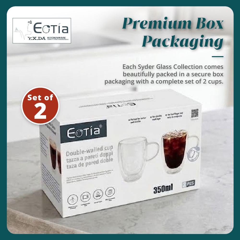 [Table Matters] Eotia Double-Wall Glass Cups with Handles Set of 2 | 80ml, 250ml, 350ml | Coffee & Tea Cups