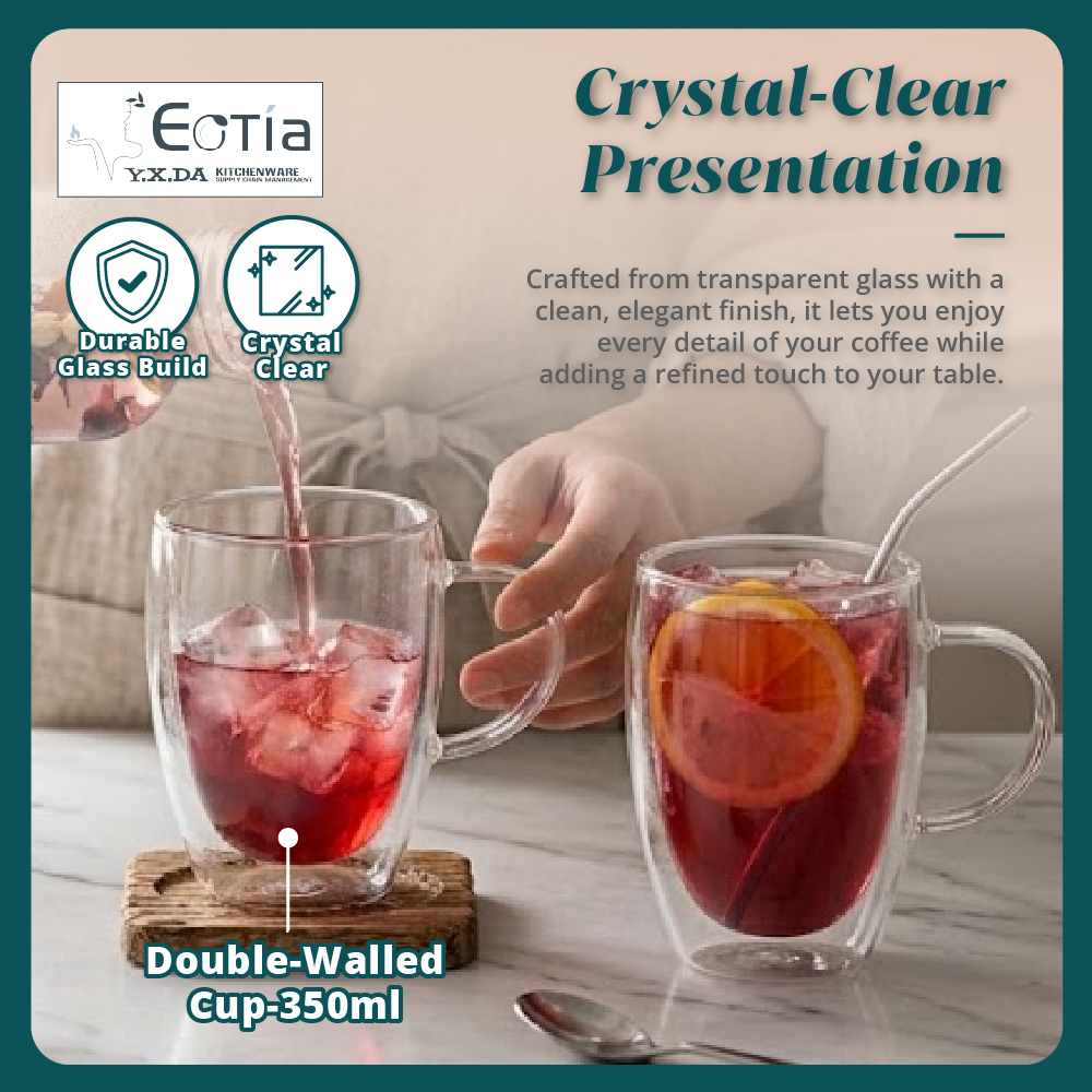 [Table Matters] Eotia Double-Wall Glass Cups with Handles Set of 2 | 80ml, 250ml, 350ml | Coffee & Tea Cups