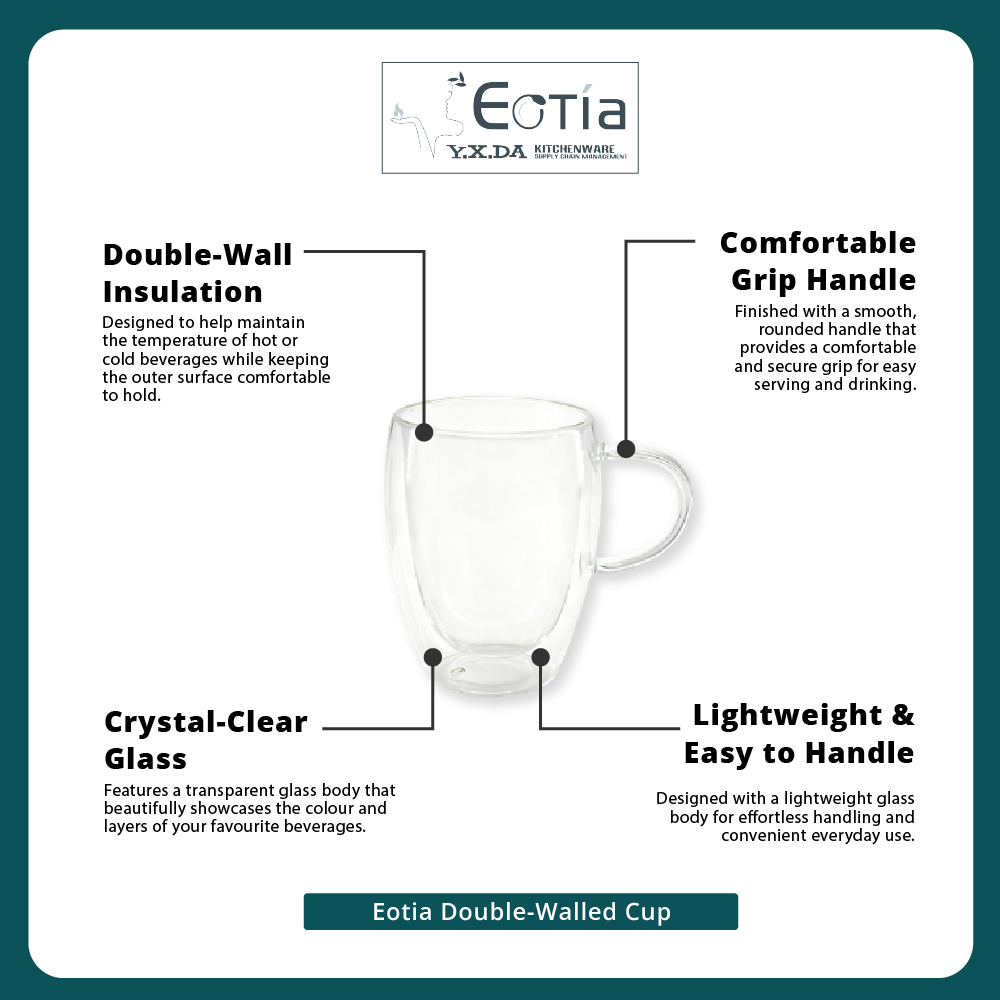 [Table Matters] Eotia Double-Wall Glass Cups with Handles Set of 2 | 80ml, 250ml, 350ml | Coffee & Tea Cups
