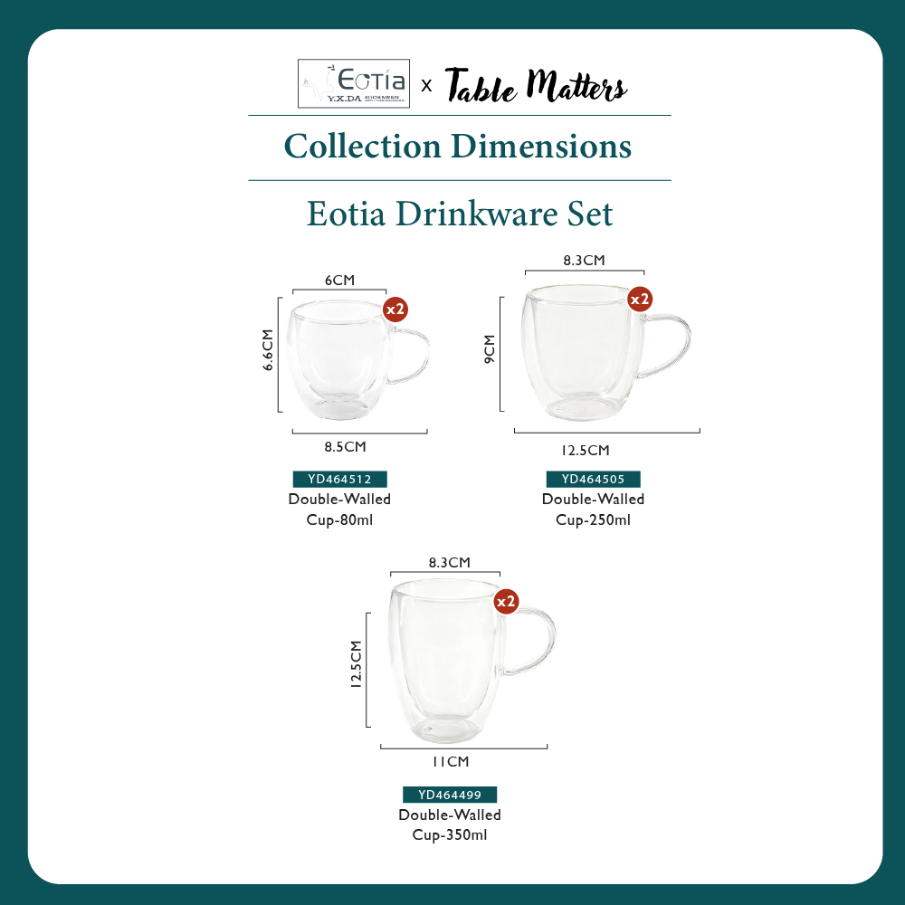 [Table Matters] Eotia Double-Wall Glass Cups with Handles Set of 2 | 80ml, 250ml, 350ml | Coffee & Tea Cups