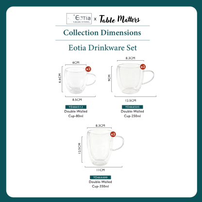 [Table Matters] Eotia Double-Wall Glass Cups with Handles Set of 2 | 80ml, 250ml, 350ml | Coffee & Tea Cups