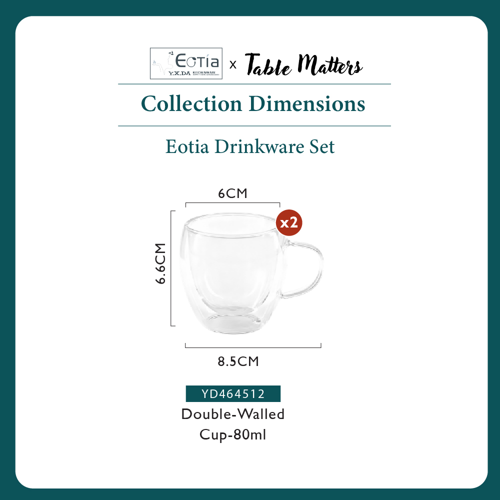 [Table Matters] Eotia Double-Wall Glass Cups with Handles Set of 2 | 80ml, 250ml, 350ml | Coffee & Tea Cups