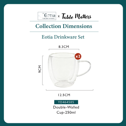 [Table Matters] Eotia Double-Wall Glass Cups with Handles Set of 2 | 80ml, 250ml, 350ml | Coffee & Tea Cups
