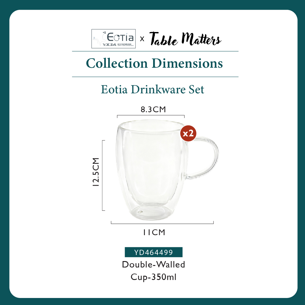 [Table Matters] Eotia Double-Wall Glass Cups with Handles Set of 2 | 80ml, 250ml, 350ml | Coffee & Tea Cups