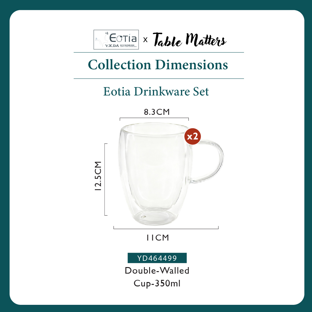 [Table Matters] Eotia Double-Wall Glass Cups with Handles Set of 2 | 80ml, 250ml, 350ml | Coffee & Tea Cups