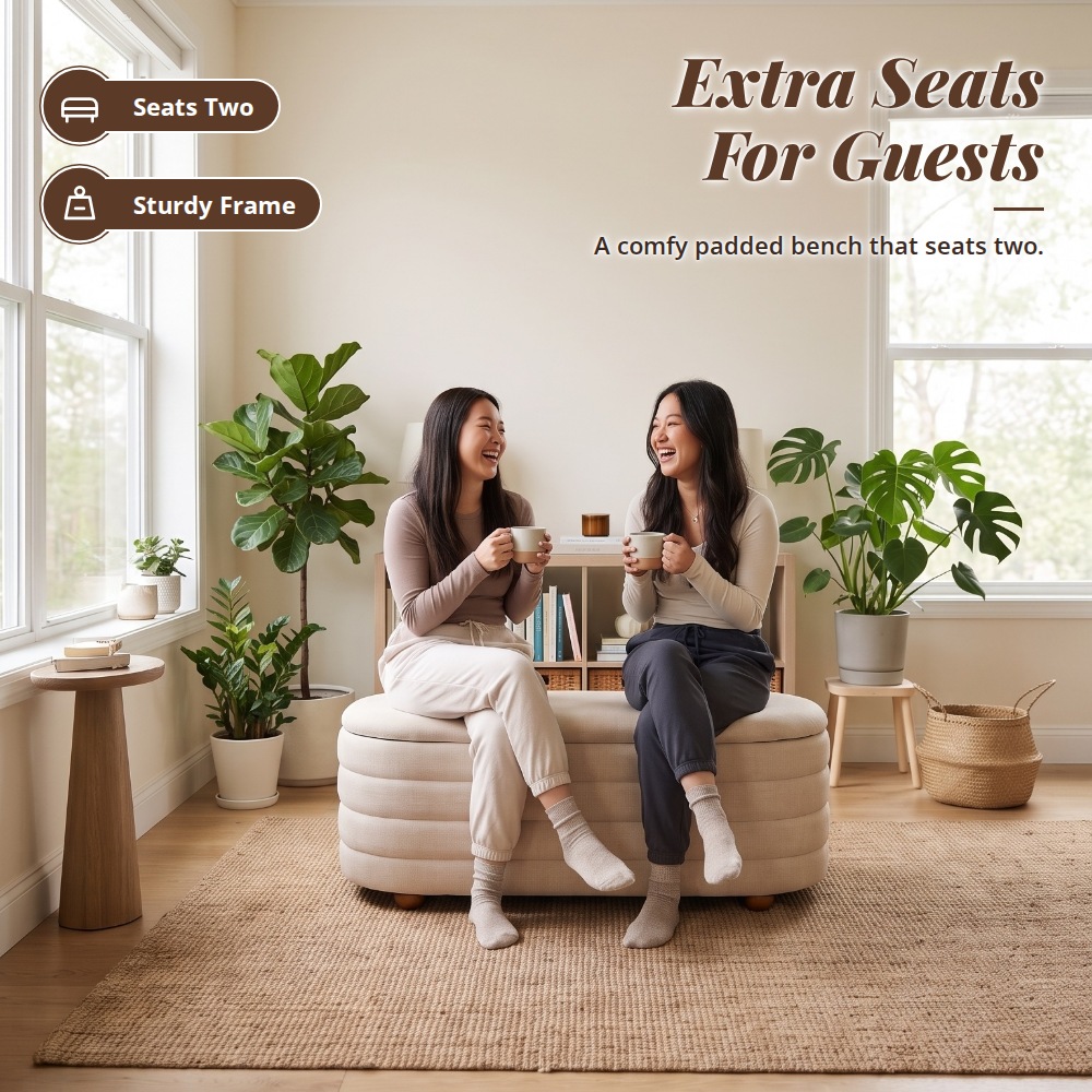 [Table Matters] Oval Fabric Storage Ottoman Bench - [90cm, 107cm]