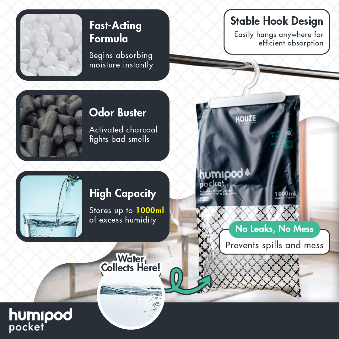 HOUZE - HUMIPOD Pocket Activated Charcoal Dehumidifier - Clothes Hanging