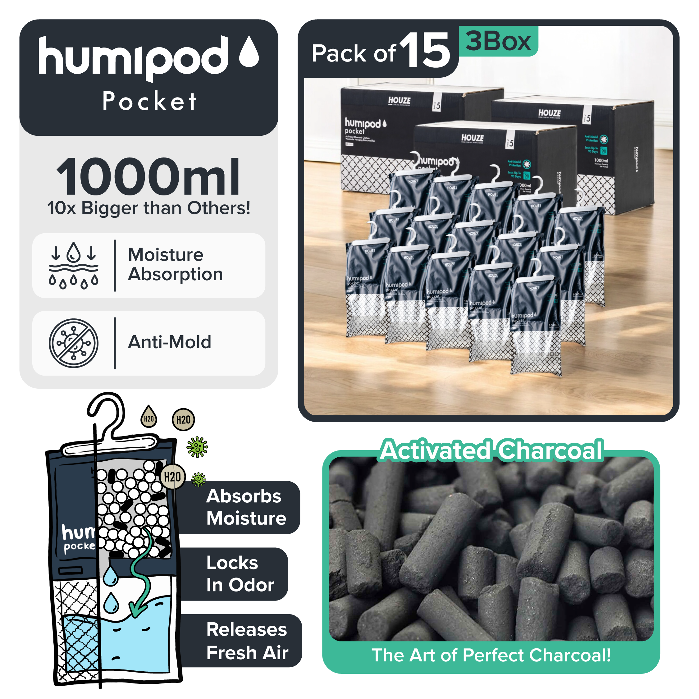 HOUZE - HUMIPOD Pocket Activated Charcoal Dehumidifier - Clothes Hanging