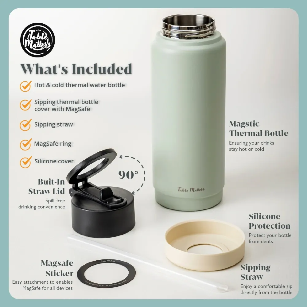 MAGSTIC - 24oz/700ml iPhone Magsafe Compatible Thermal Water Bottle with Sipping Straw Collection