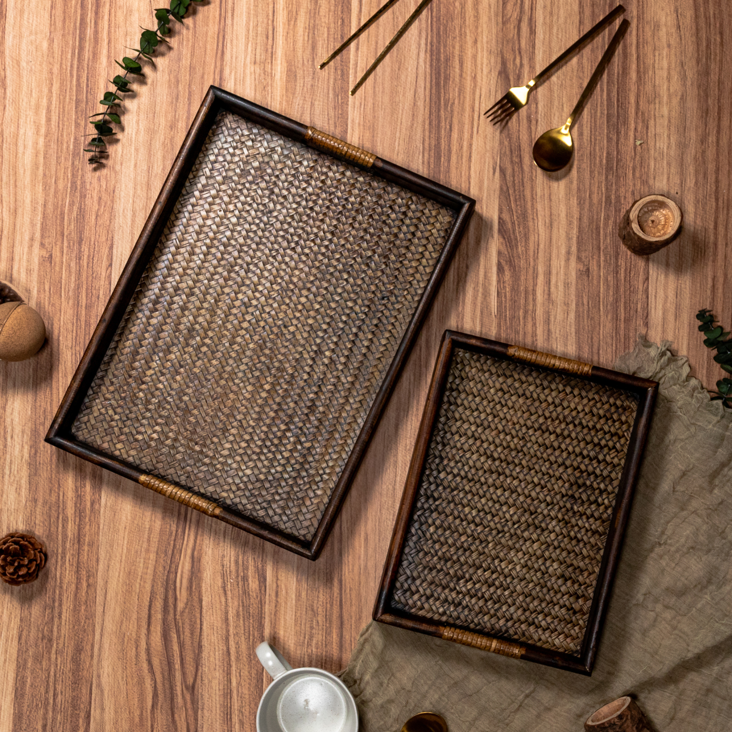 Wood Rattan Serving Tray Collection