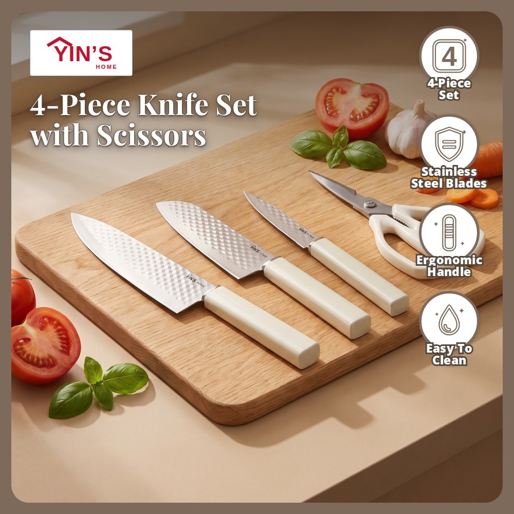 [Table Matters] Yin’s 4-Piece Kitchen Knife Set with Scissors | Cooking & Food Prep Set