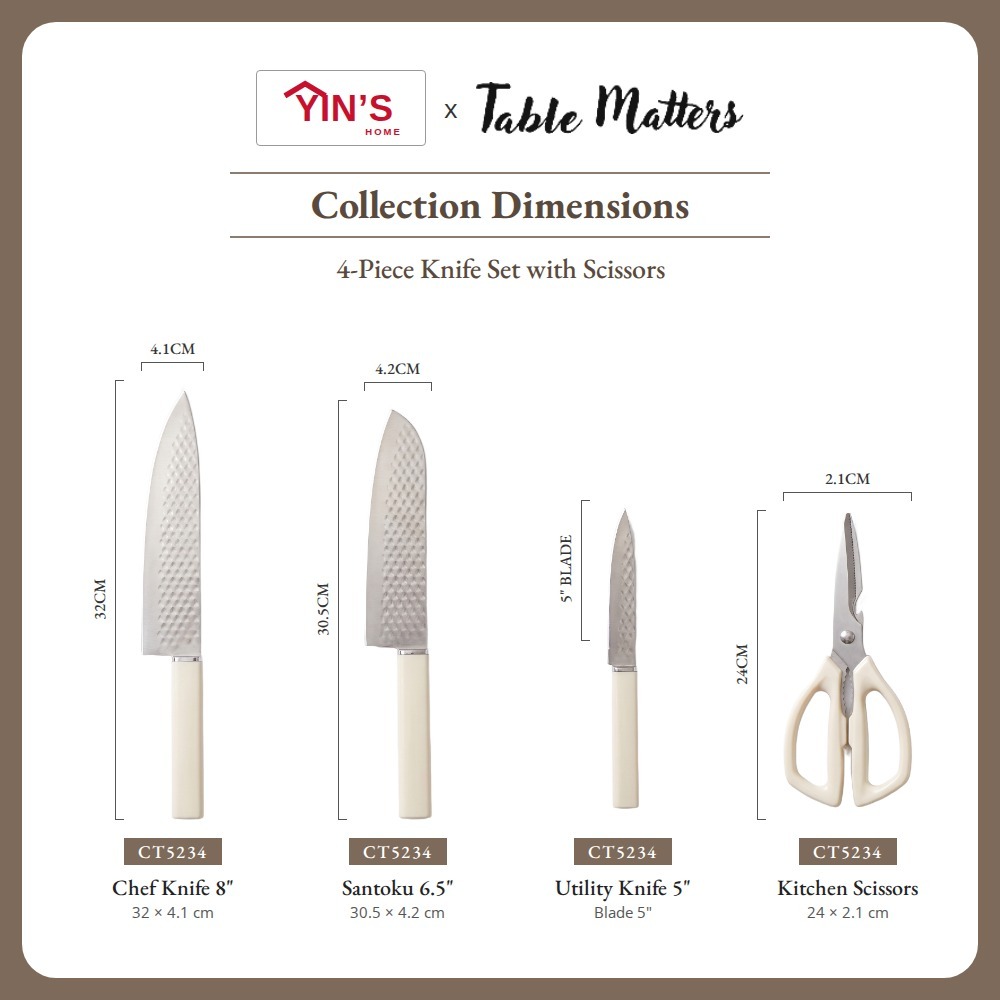 [Table Matters] Yin’s 4-Piece Kitchen Knife Set with Scissors | Cooking & Food Prep Set
