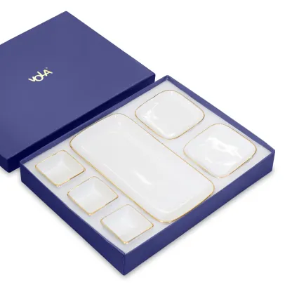 VOLA - [Set of 6] Pristine - Gold Rim- Rectangle Platter and Square Dip Bowl