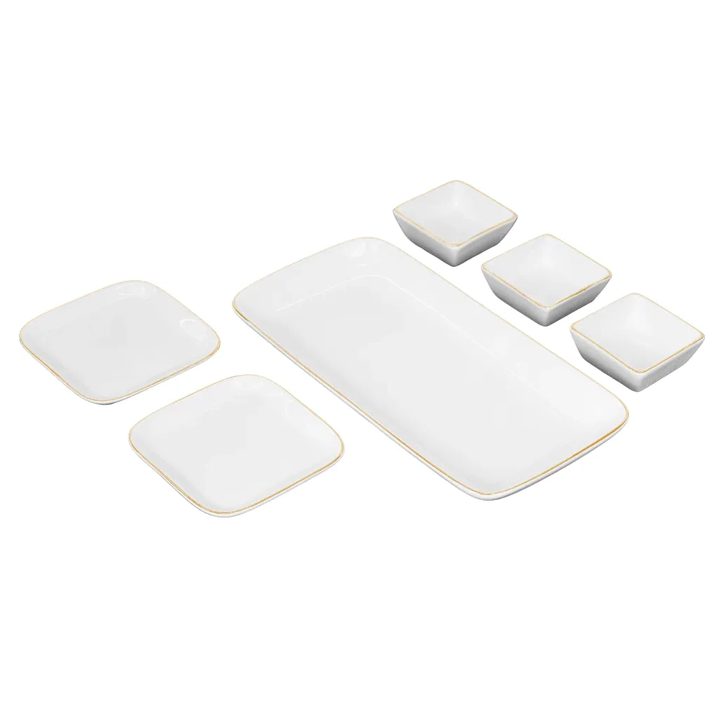 VOLA - [Set of 6] Pristine - Gold Rim- Rectangle Platter and Square Dip Bowl