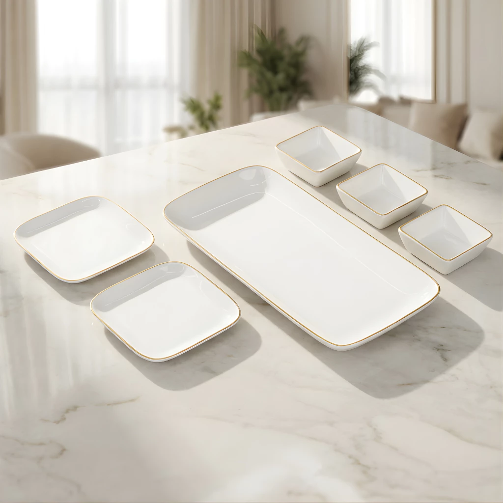 VOLA - [Set of 6] Pristine - Gold Rim- Rectangle Platter and Square Dip Bowl
