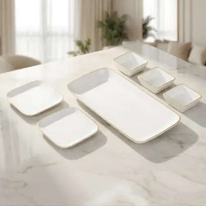 VOLA - [Set of 6] Pristine - Gold Rim- Rectangle Platter and Square Dip Bowl