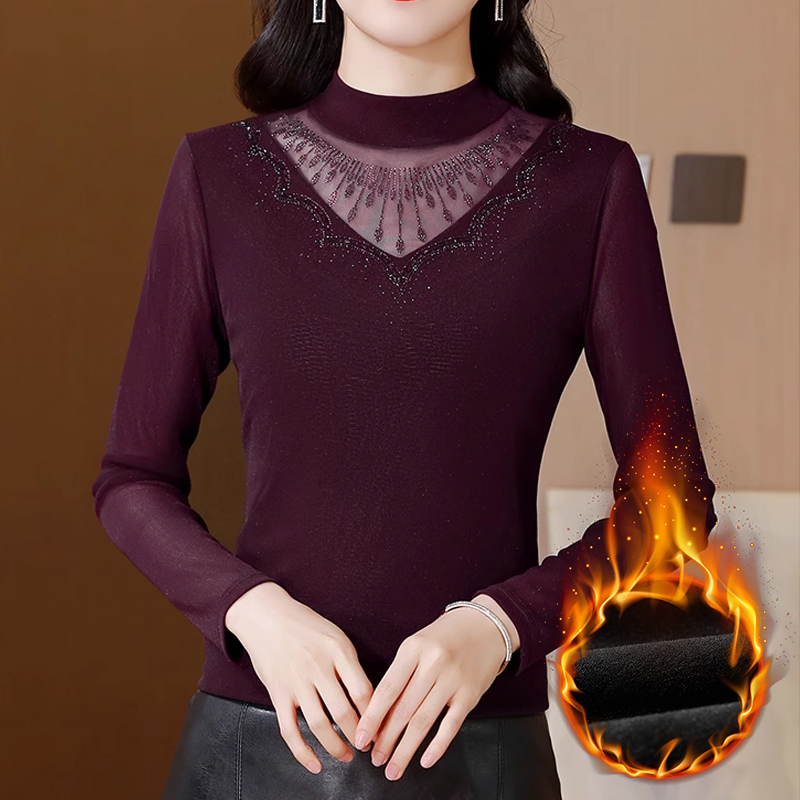 แฟชั่นเสื้อเบสิกแต่งเพชรลูกไม้บุขนด้านใน