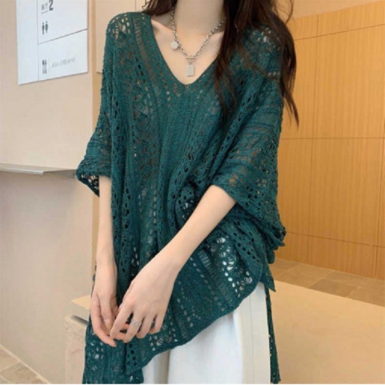 เสื้อคลุมถักคอวีผูกเชือกแบบโปร่ง