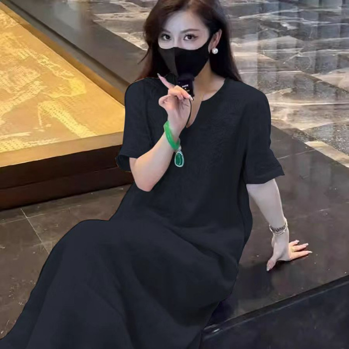 ชุดเดรสผ้าลินินเย็บปักลายระดับไฮเอนด์