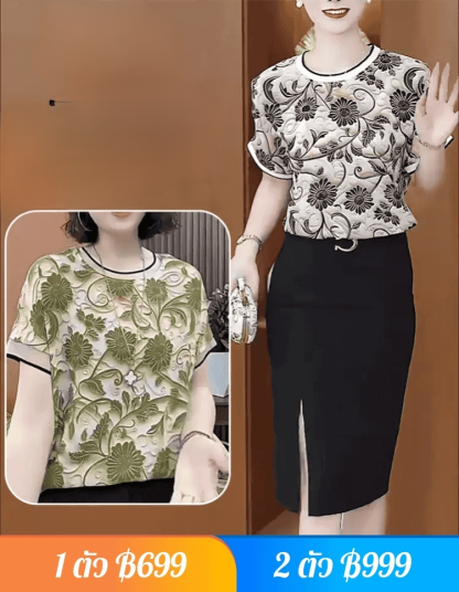 เสื้อแขนสั้นสวยงาม พิมพ์ลายดอกไม้สามมิติ
