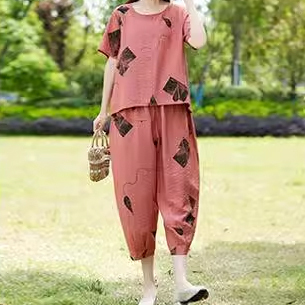 GK-【คุณภาพระดับเคาน์เตอร์】ชุดเสื้อยืดกางเกงผ้าฝ้ายและผ้าลินินแบบสองตัว