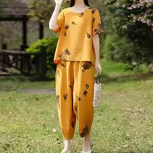 GK-【คุณภาพระดับเคาน์เตอร์】ชุดเสื้อยืดกางเกงผ้าฝ้ายและผ้าลินินแบบสองตัว