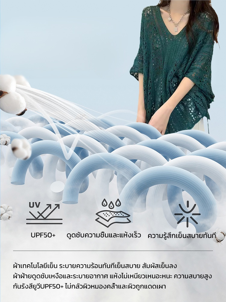 เสื้อคลุมถักคอวีผูกเชือกแบบโปร่ง
