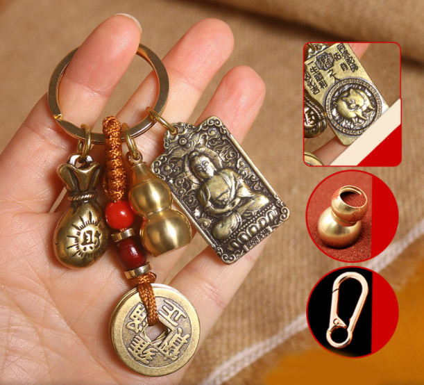 【อวยพรและความมั่งคั่ง】จี้ถุงนำโชคเหรียญห้าจักรพรรดิทองเหลือง