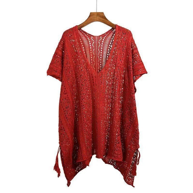 เสื้อคลุมถักคอวีผูกเชือกแบบโปร่ง