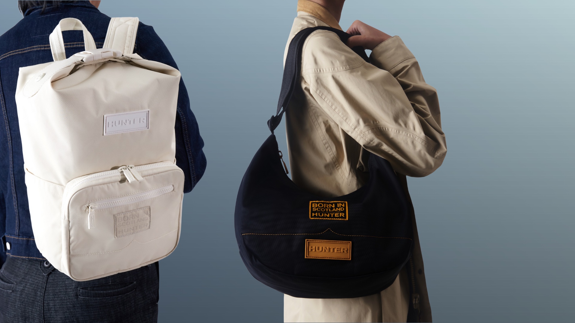 Person holding a Hunter nylon bag in Singapore, featuring a water-resistant design with front zip pocket and dual carry straps.