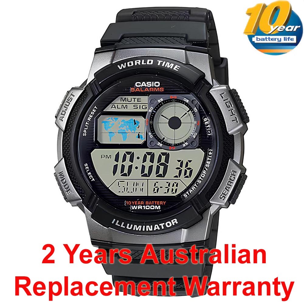 Casio Digital AE-1000W-1B World Map Alarm Men Watch (10-Years Battery Life) (Black) ozDigitalWatch