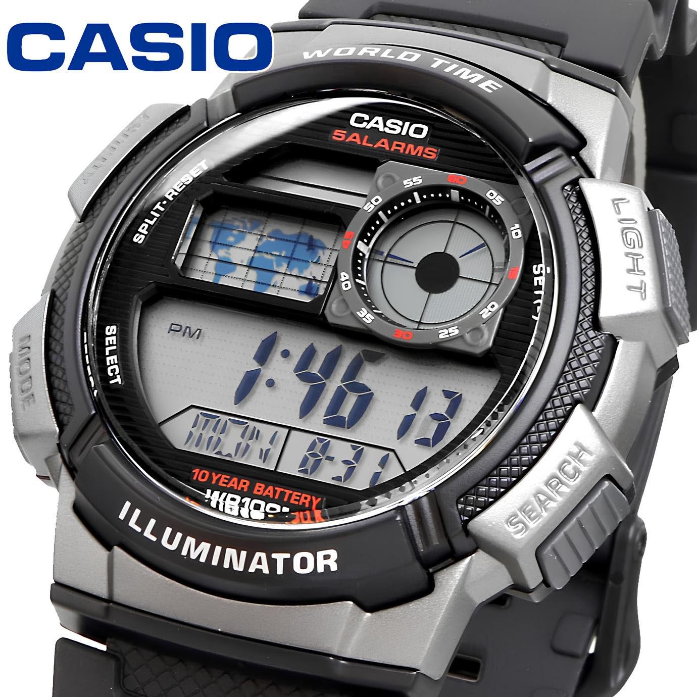 Casio Digital AE-1000W-1B World Map Alarm Men Watch (10-Years Battery Life) (Black) ozDigitalWatch
