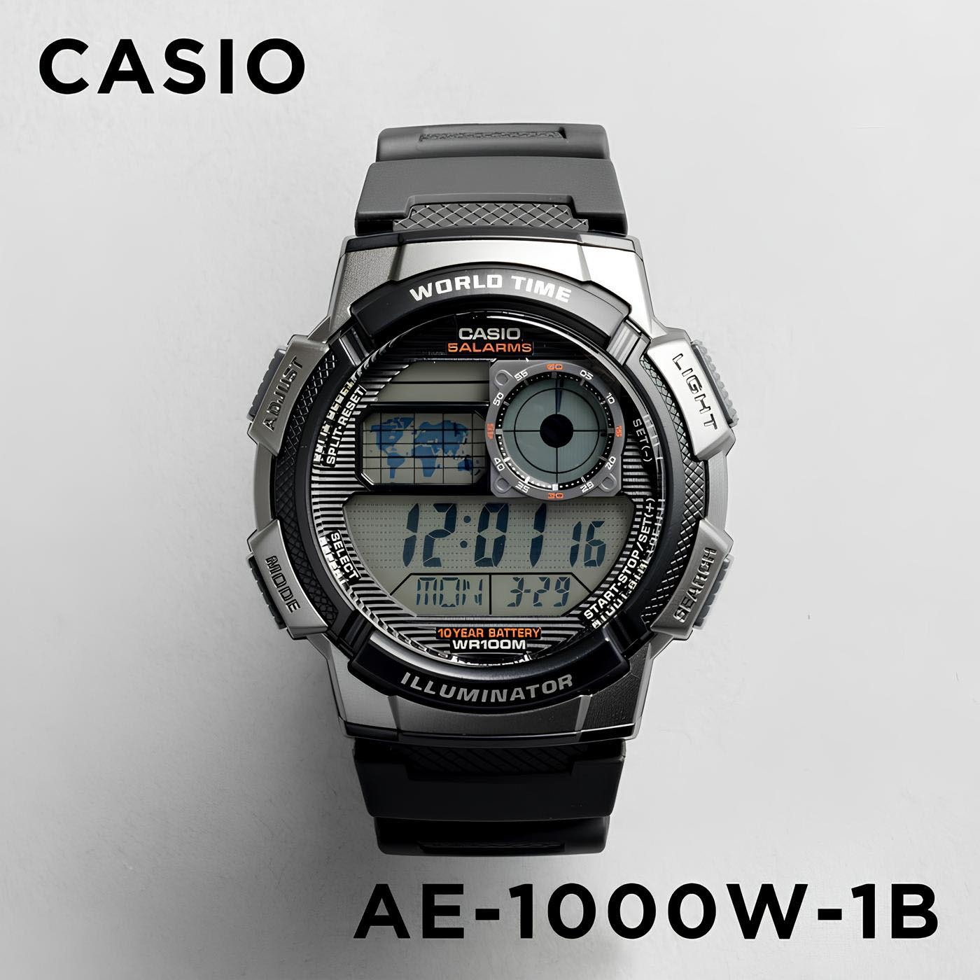 Casio Digital AE-1000W-1B World Map Alarm Men Watch (10-Years Battery Life) (Black) ozDigitalWatch