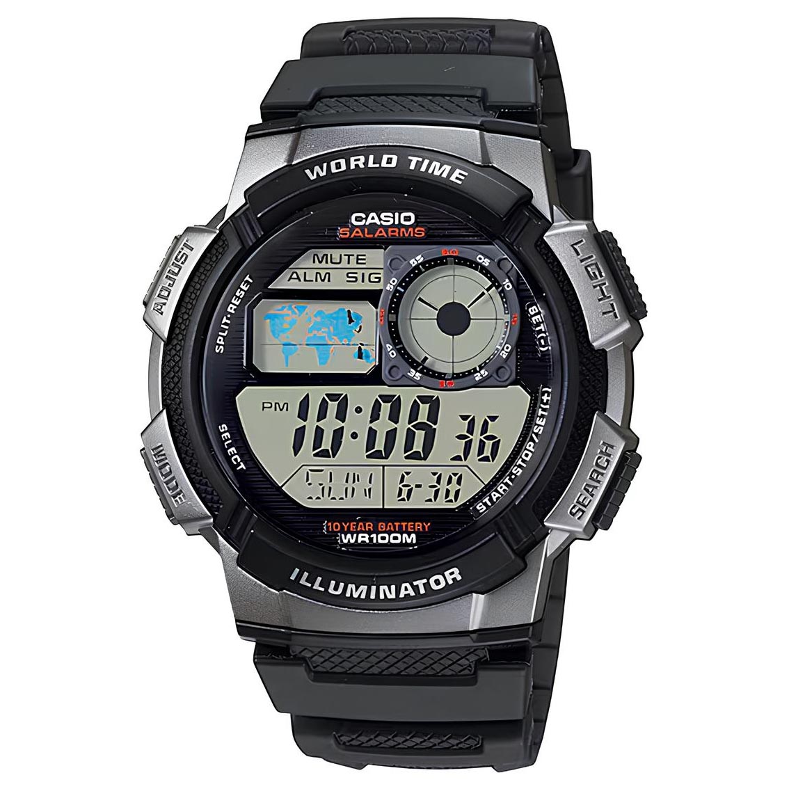 Casio Digital AE-1000W-1BV World Map Alarm Youth Men's Watch (10-Years Battery Life) (Black) AE1000W-1BV