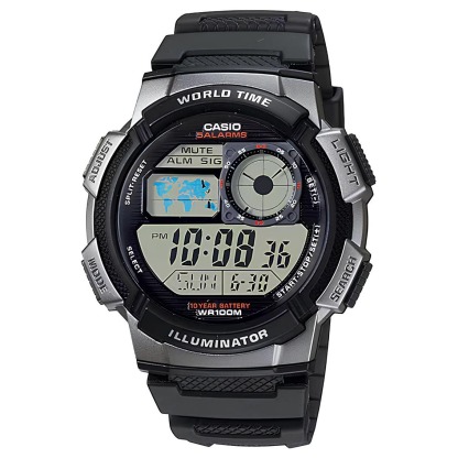 Casio Digital AE-1000W-1BV World Map Alarm Youth Men's Watch (10-Years Battery Life) (Black) AE1000W-1BV