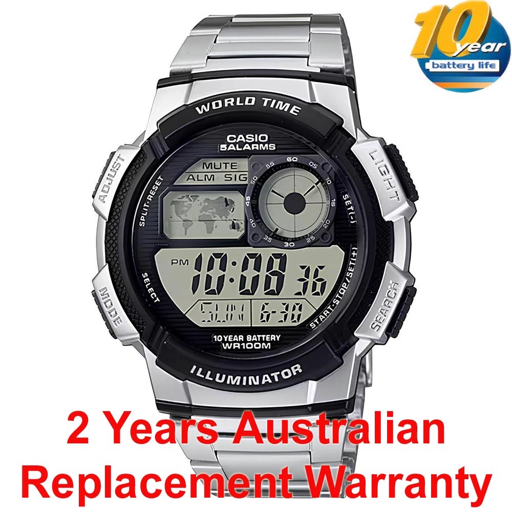 Casio Digital AE-1000WD-1A World Map Sport Men Watch 10Y Battery (Silver) AE1000WD-1A ozDigitalWatch