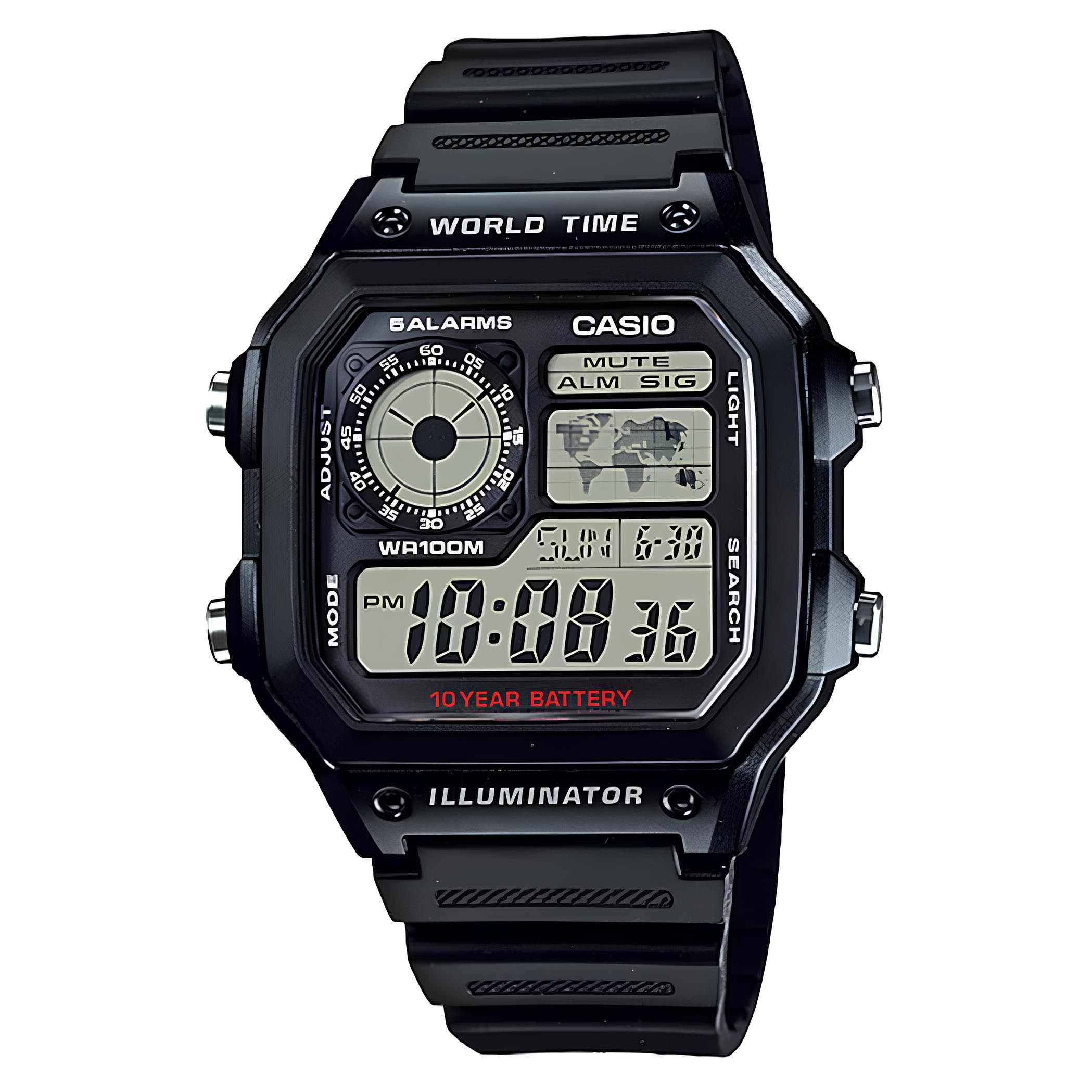 Casio Digital AE-1200WH-1AV World Map Alarm Youth Men's Watch (10-Years Battery Life) (Black) AE1200WH-1AV