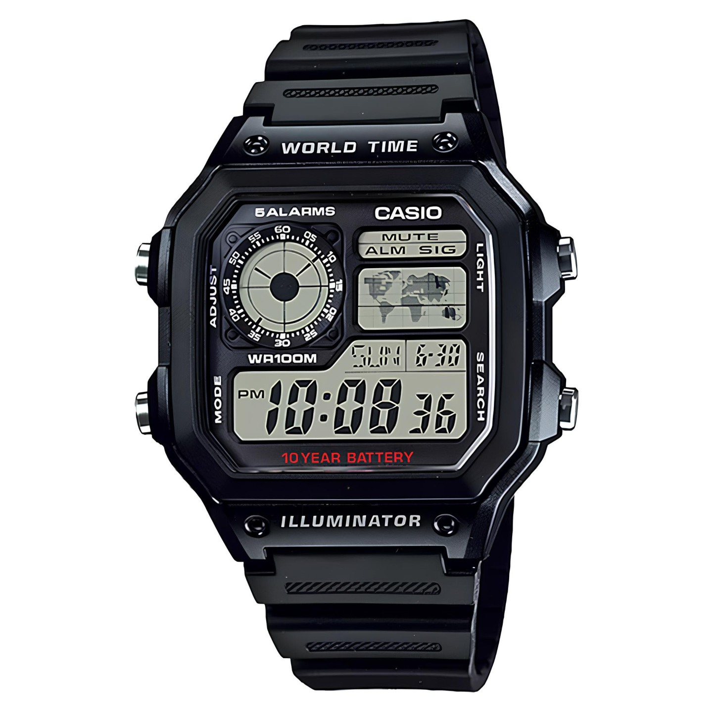 Casio Digital AE-1200WH-1AV World Map Alarm Youth Men's Watch (10-Years Battery Life) (Black) AE1200WH-1AV