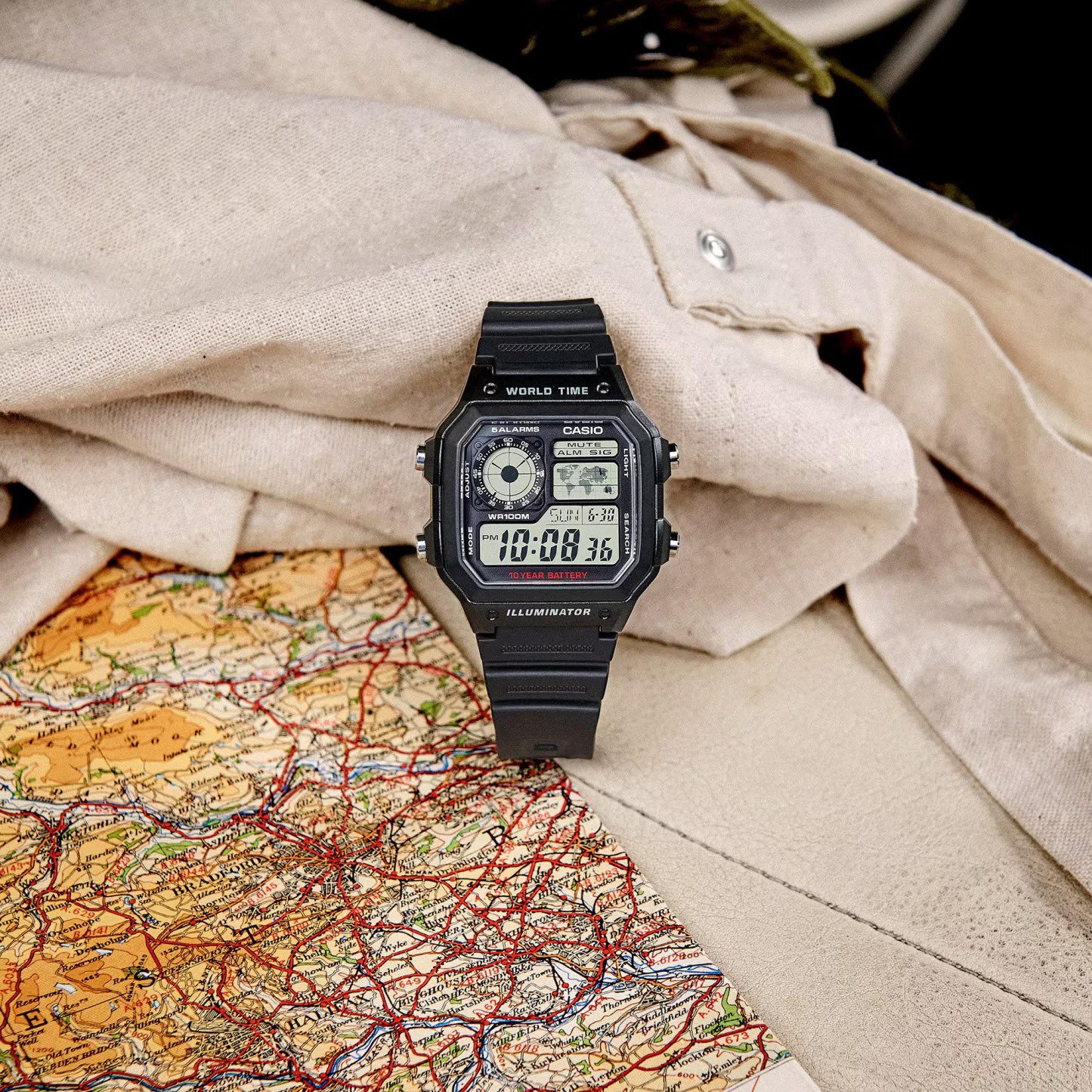 Casio Digital AE-1200WH-1AV World Map Alarm Youth Men's Watch (10-Years Battery Life) (Black) AE1200WH-1AV