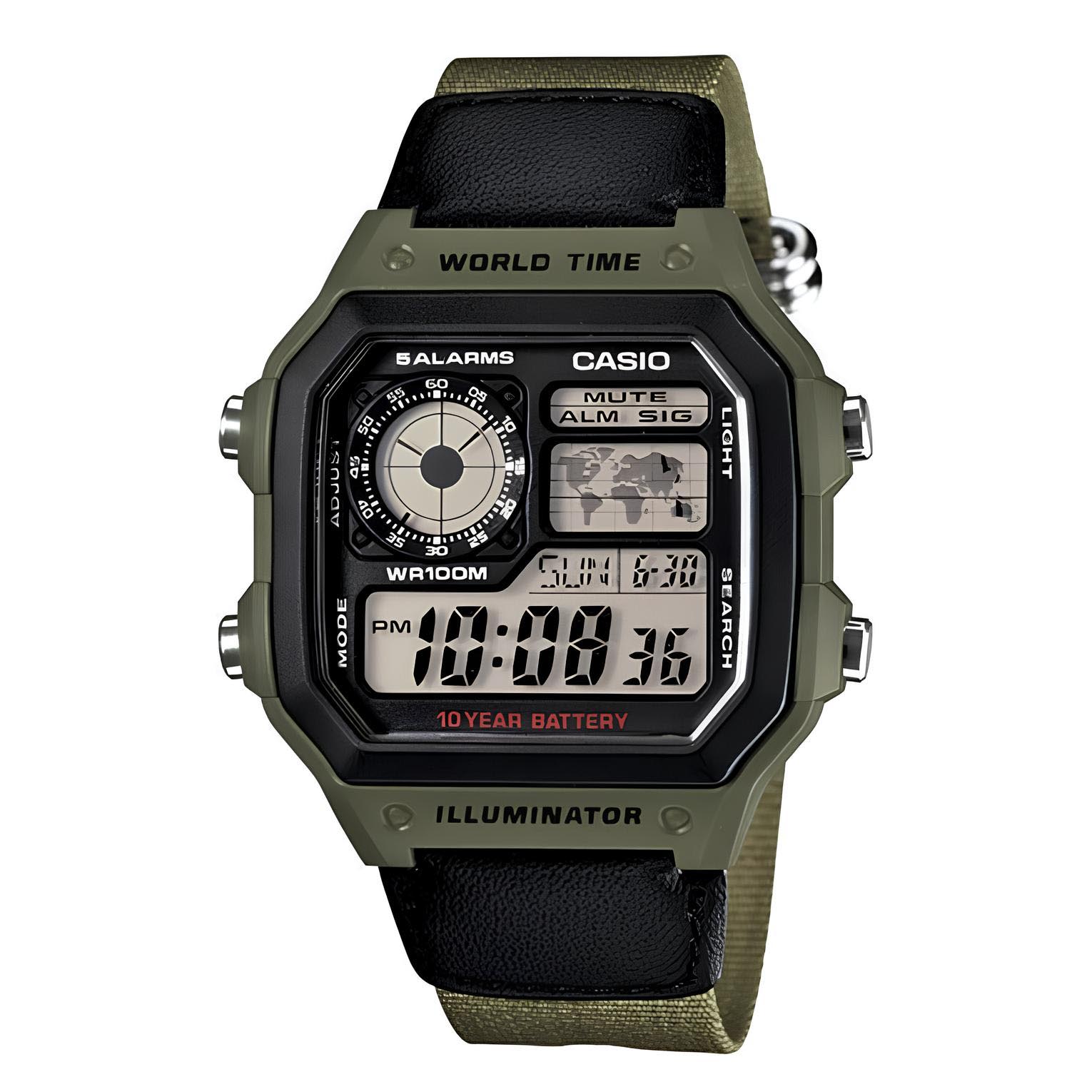 Casio Digital AE-1200WHB-3BV (Green Nylon) World Map Alarm Youth Men's Watch (10-Years Battery Life)