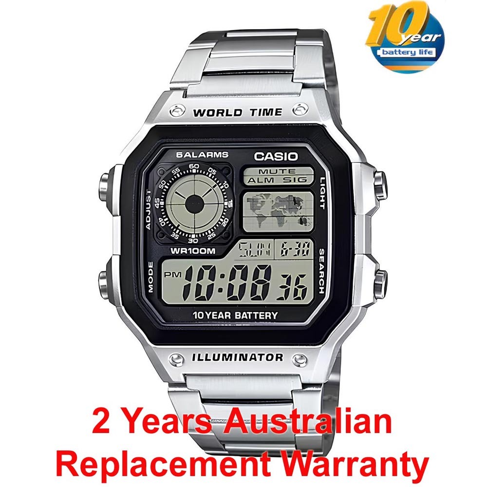 Casio Digital AE-1200WHD-1A World Map Alarm Men Watch (10-Year Battery) AE1200WHD-1A ozDigitalWatch