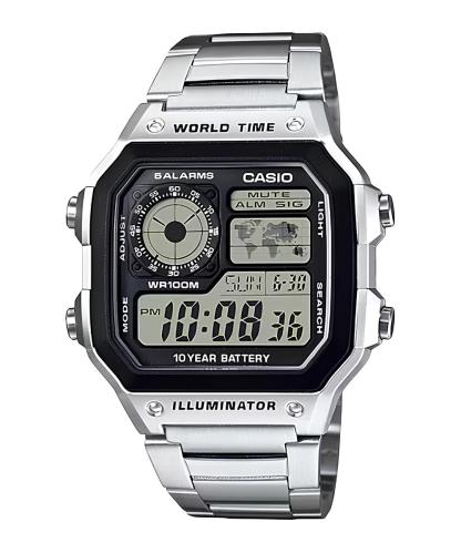 Casio Digital AE-1200WH-1AV World Map Alarm Youth Men's Watch (10-Years Battery Life) (Black) AE1200WH-1AV