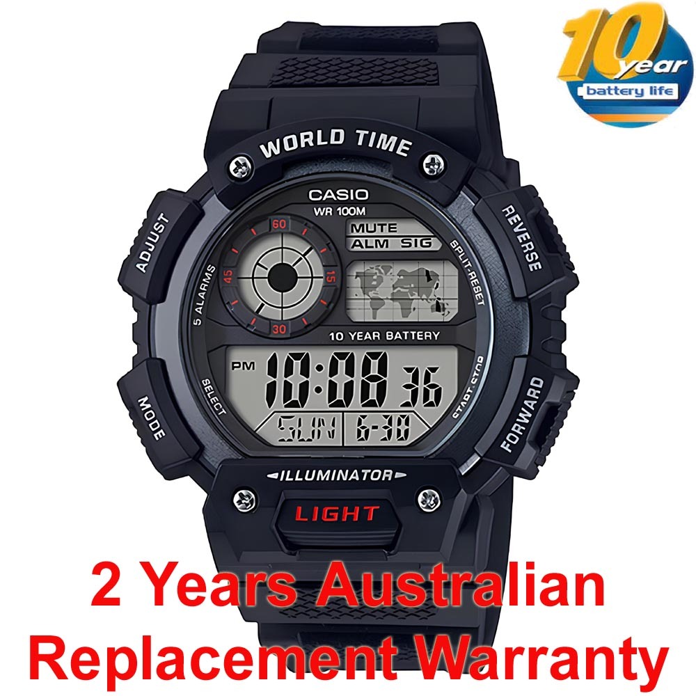 Casio Digital AE-1400WH-1A World Map Alarm Men Watch 10Y Battery Life Black ozDigitalWatch.com.au