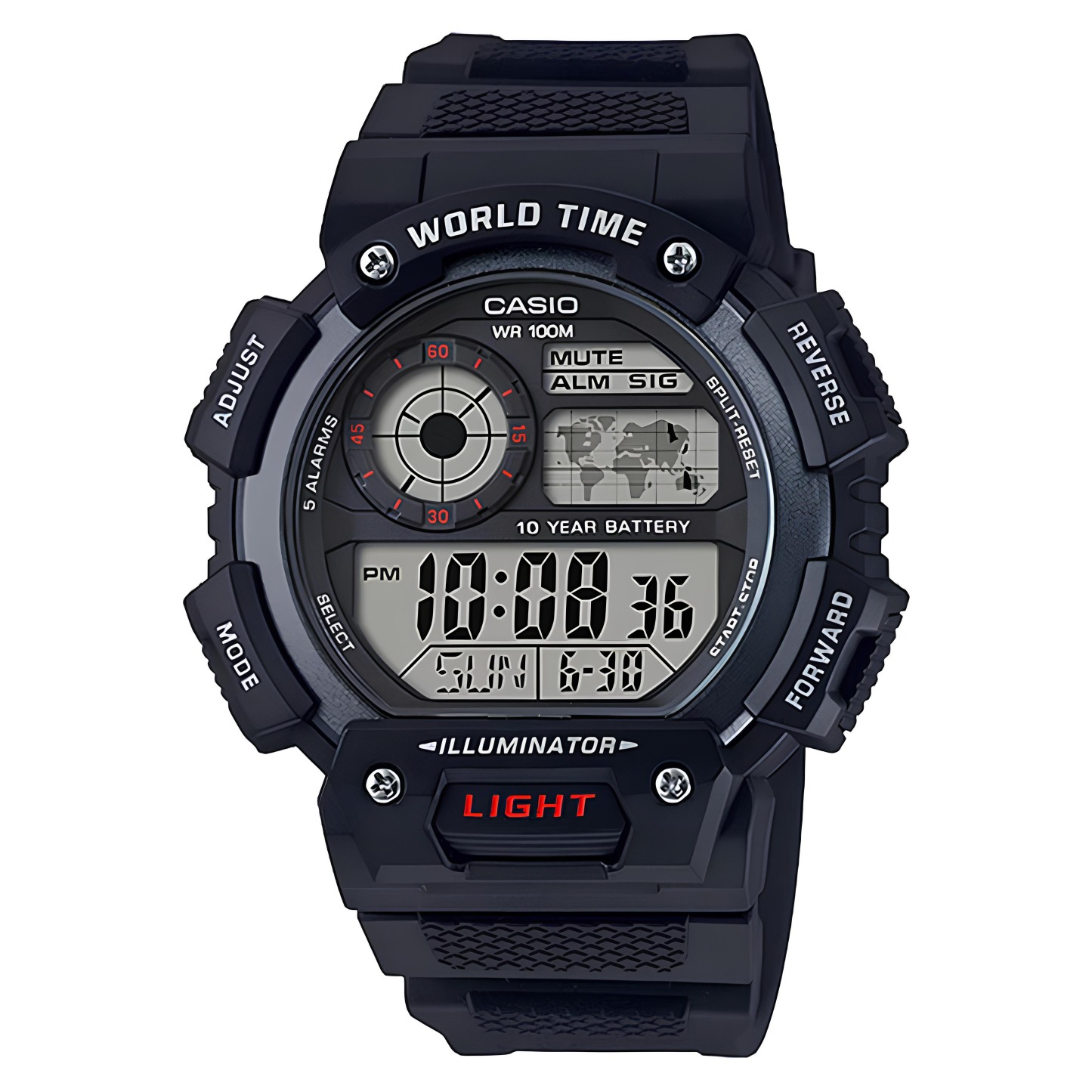 Casio Digital AE-1400WH-1A World Map Alarm Men Watch 10Y Battery Life Black ozDigitalWatch.com.au
